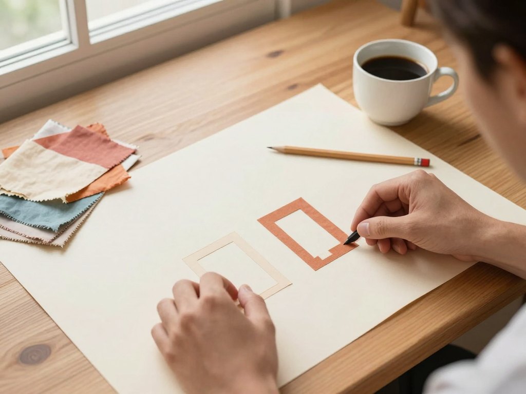 Hands arranging paper room cutouts and fabric swatches on a desk while planning a school