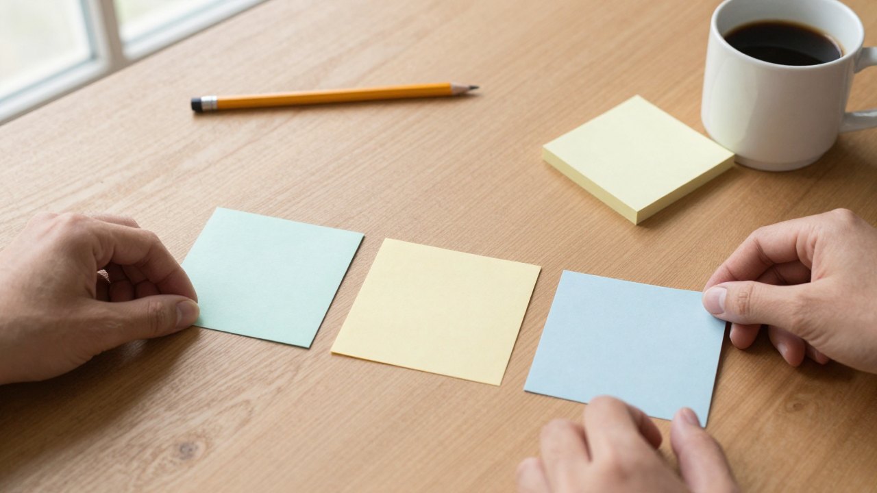 Hands arranging blank coloured cards in a sequence on a wooden table