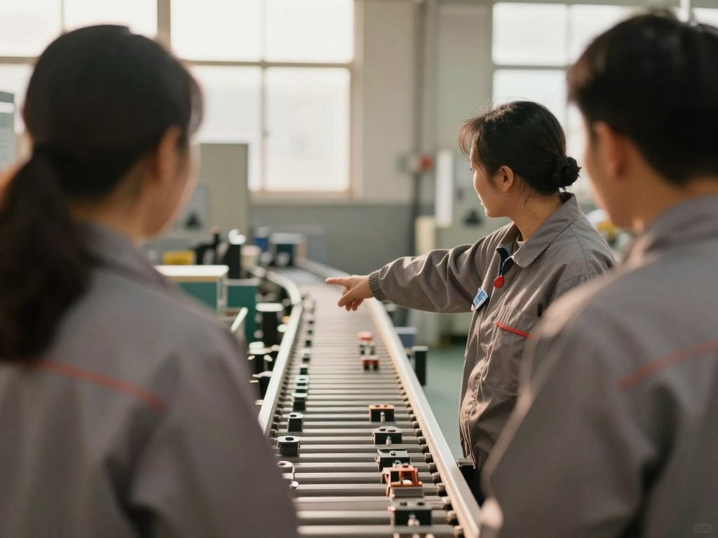 Three people seen from behind observing a production line together