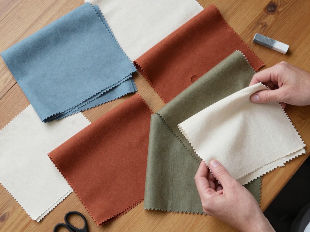 A hand picks one folded fabric from a selection of swatches and pattern pieces