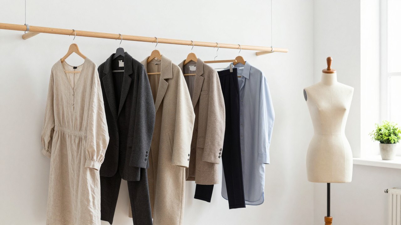 Rail of handmade garments beside a dress form in a bright sewing room