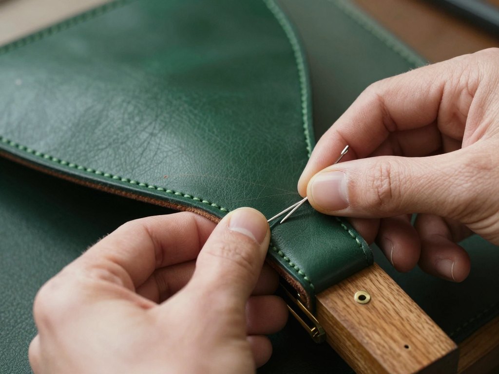 Hands hand-stitching dark green leather held in a wooden stitching clamp