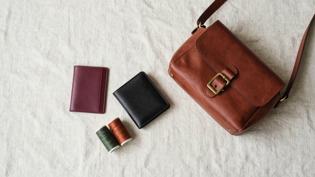 Overhead view of handmade leather wallet, cardholder and small bag on linen cloth