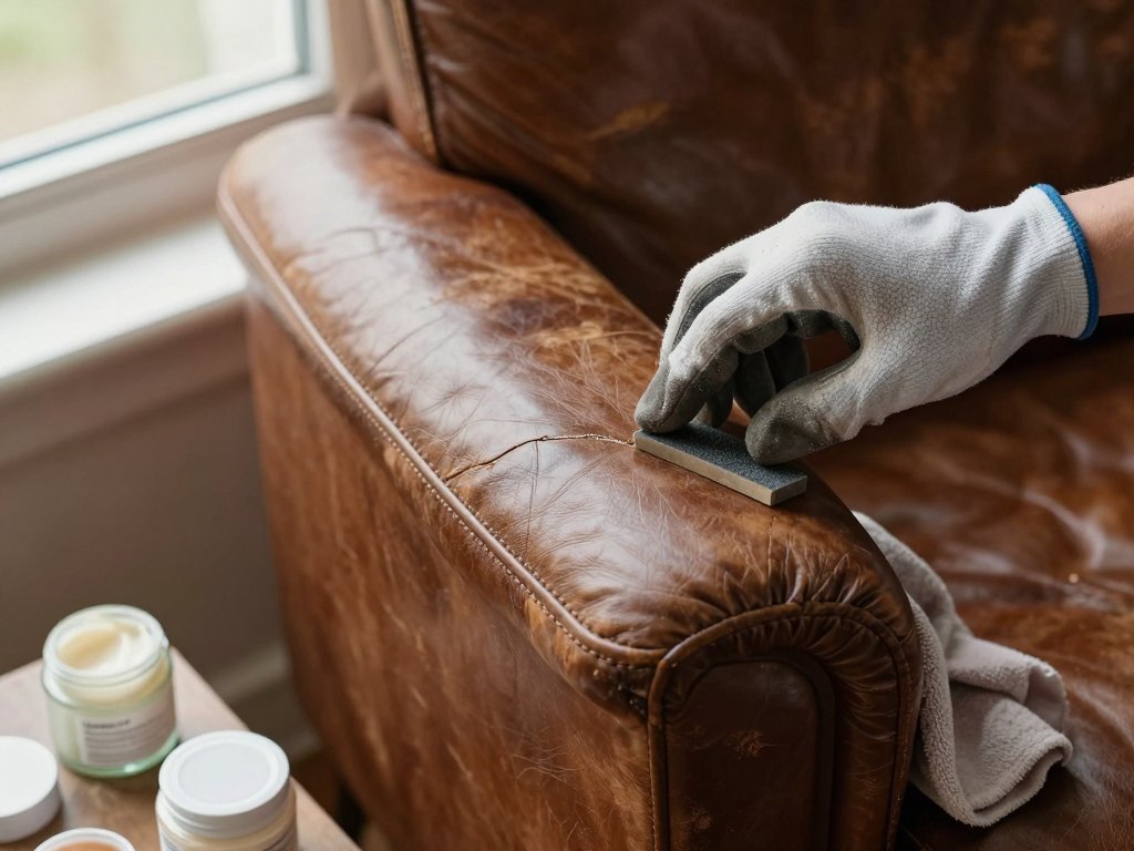 Hand tracing a crack on a worn brown leather armchair arm beside simple repair tools