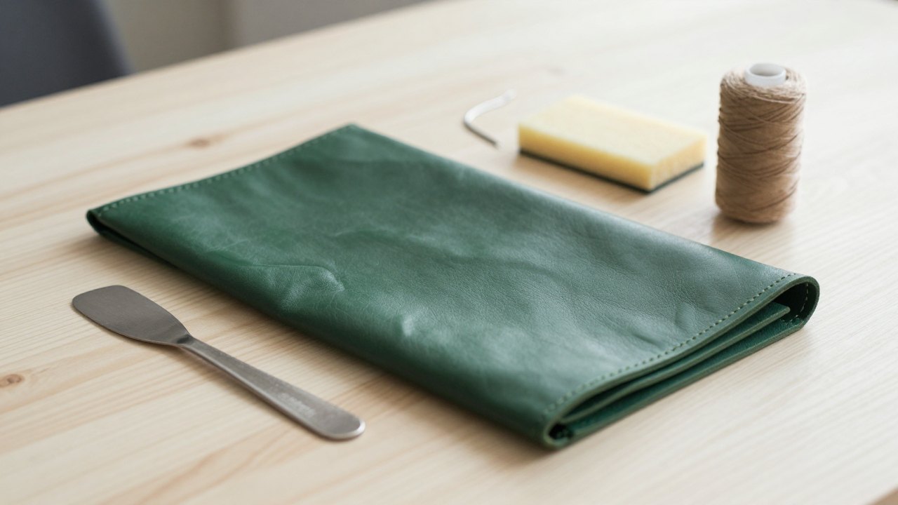 Green leather swatch with repaired patch, spatula, sponge and needle on a pale wooden table