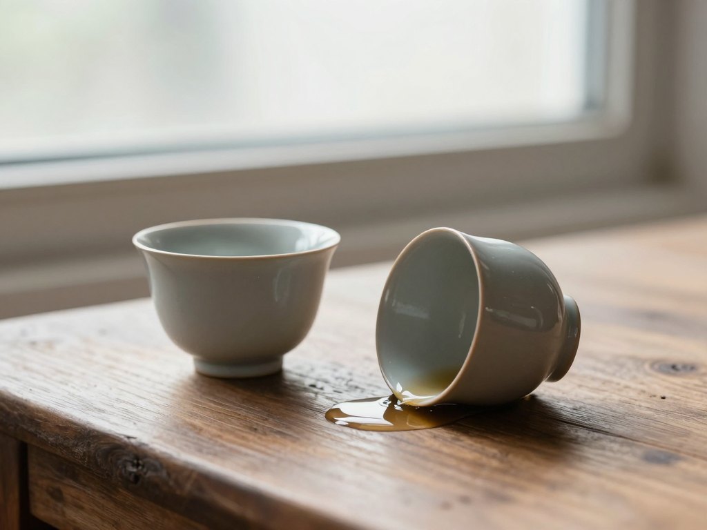 Two ceramic cups on a wooden table, one upright and one tipped with spilled tea