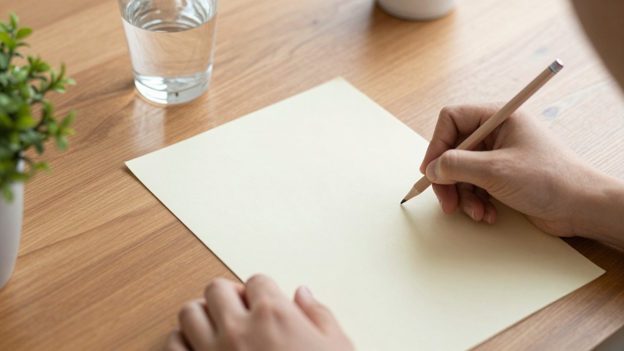 Hands holding a pencil over blank paper on a wooden desk with a plant