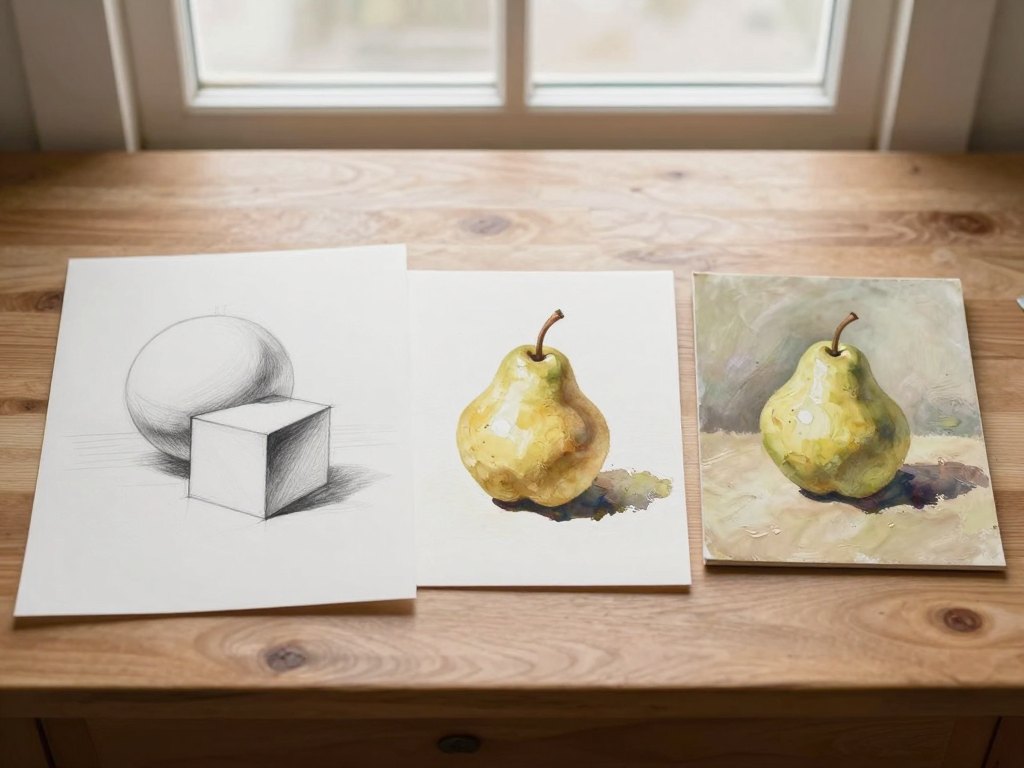 Desk with a pencil shape study, a small pear study and a finished still life painting
