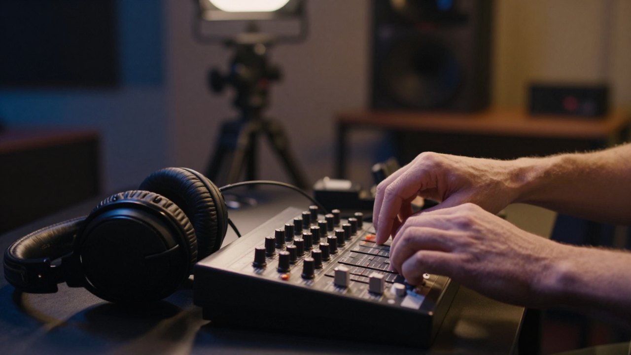 Hands moving sliders on an audio mixer near headphones in a dim studio