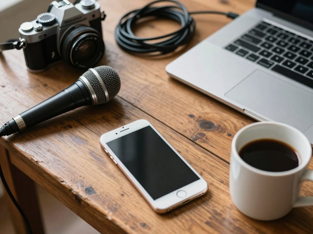 Phone, microphone, older camera, cables and closed laptop arranged on a wooden table