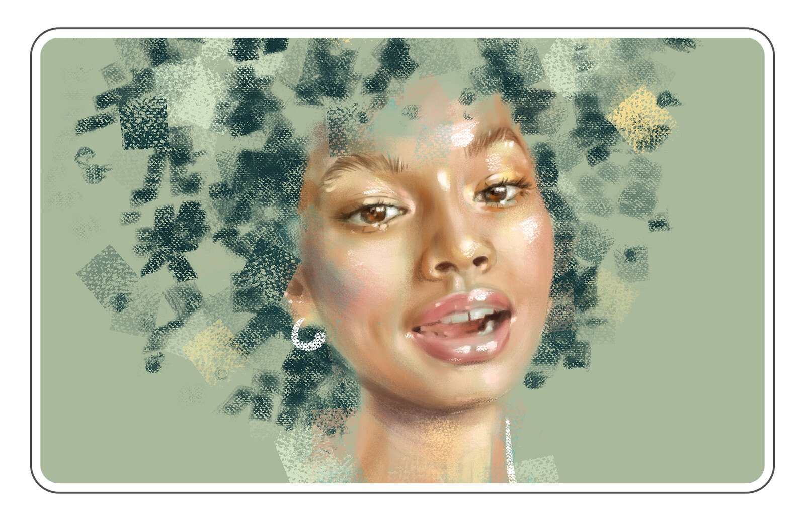 Digital painted portrait of a smiling woman with hair made of square textured brushstrokes on green