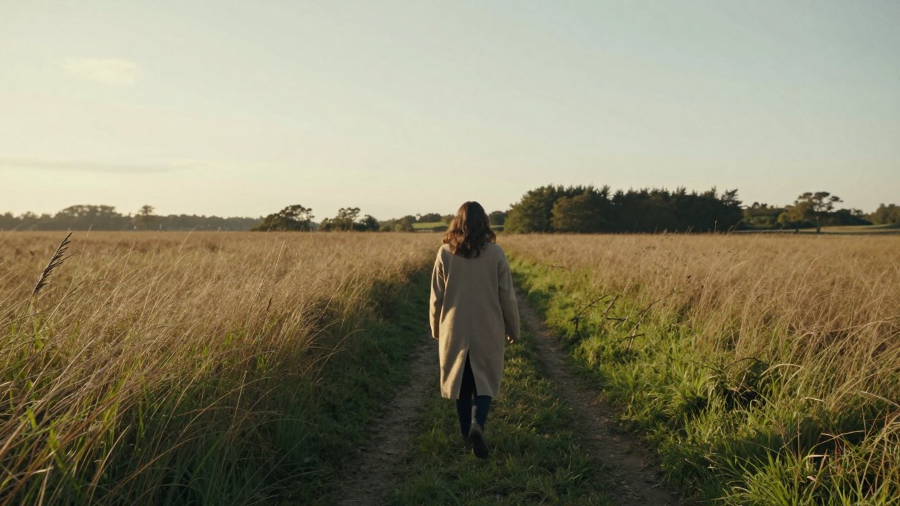 Woman seen from behind walking slowly along a meadow path at golden hour