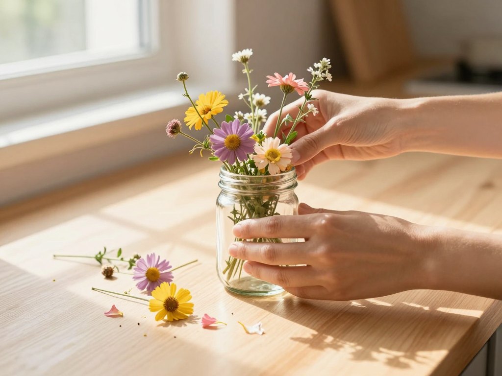 Hands arranging wildflowers in a glass jar on a sunlit wooden table