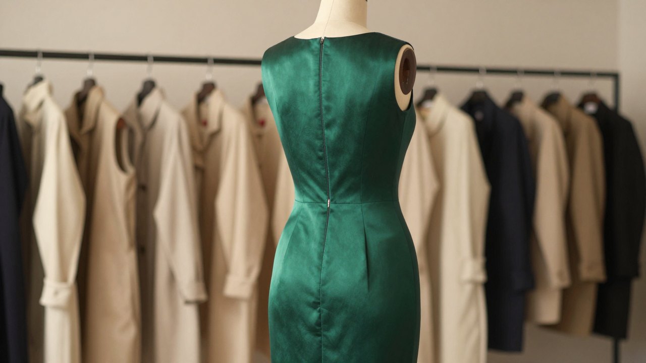 Emerald silk sheath dress on a dress form seen from behind in an atelier
