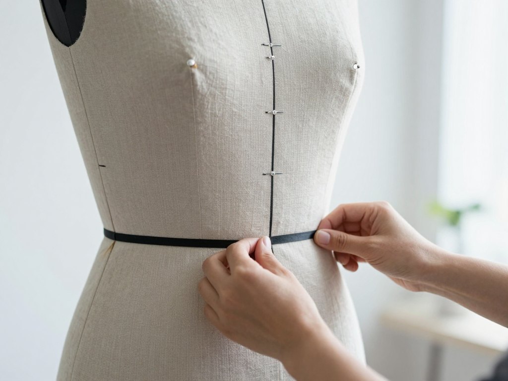 Hands smoothing a pinned calico toile marked with tape lines on a dress form