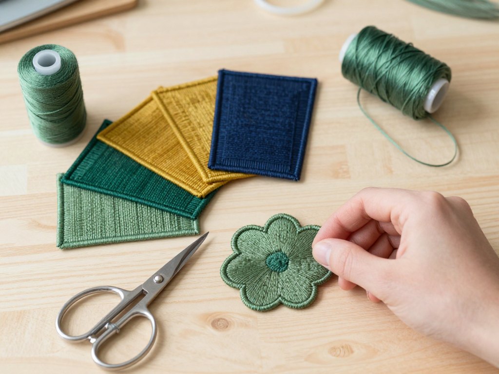 Hand arranging embroidered patches beside thread spools and small scissors on a wooden desk