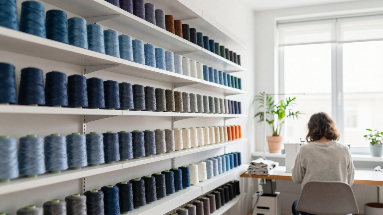 Sewing studio with shelves of colourful thread cones and a person at a machine seen from behind
