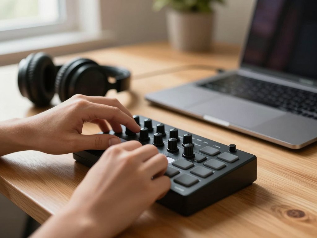 Hands turning a knob on a small MIDI controller next to closed laptop and headphones