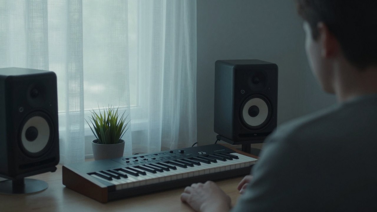 Person seen from behind sitting in a tidy home music corner with speakers and a synthesizer