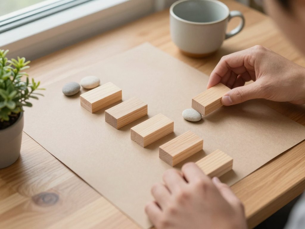 Hands arranging wooden blocks and pebbles into a path on blank paper at a desk