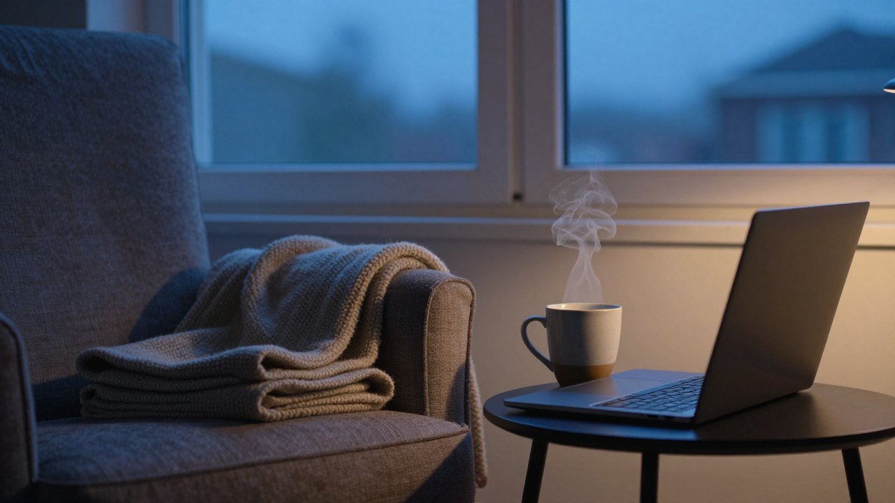Armchair with blanket and steaming mug by a window in soft evening light