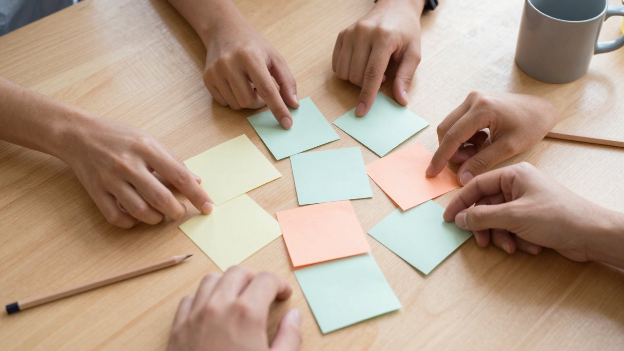 Overhead view of hands arranging blank pastel paper squares on a wooden table