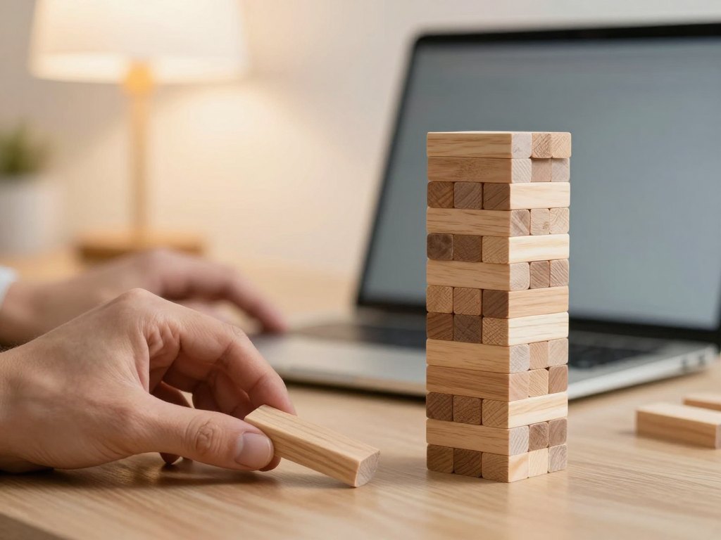 Hands arranging wooden blocks into two groups on a desk beside a closed laptop