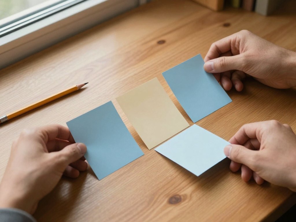 Hands arranging blank paper cards into a sequence on a wooden desk