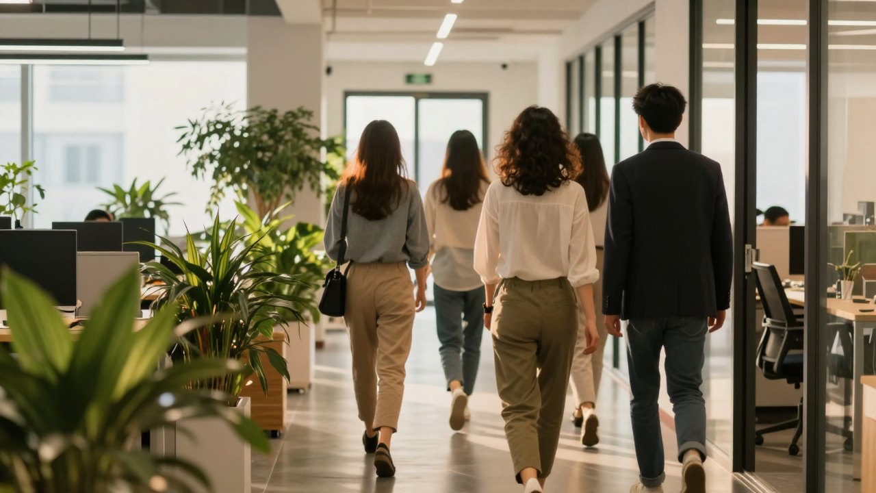 Team of colleagues seen from behind walking through a sunlit office with plants