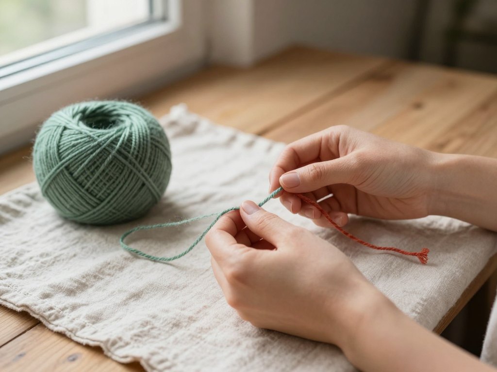 Hands slowly untangling a knotted skein of wool yarn on a linen cloth