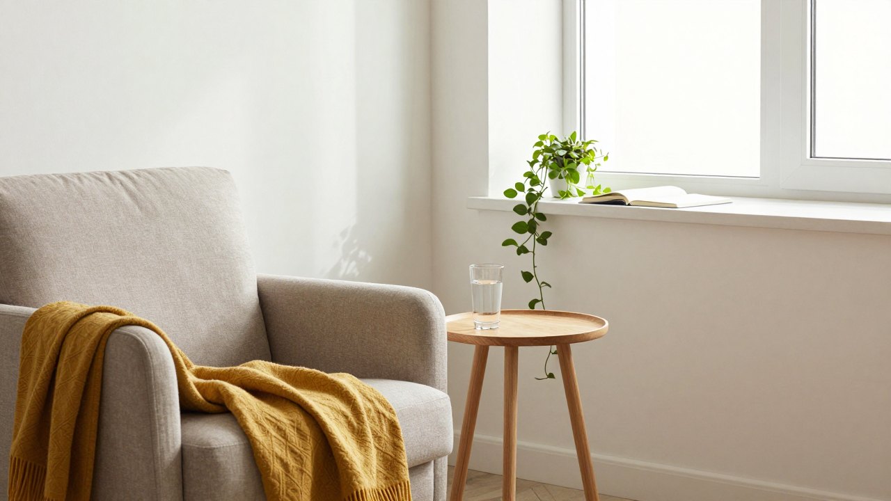 Sunlit reading corner with armchair, throw, glass of water and green plant
