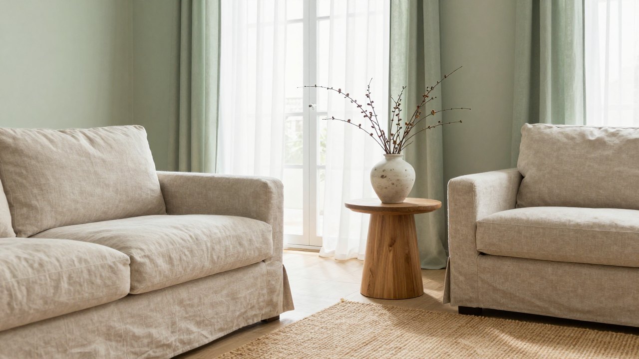 Bright living room corner with linen sofa, oak side table and sheer curtains in morning light