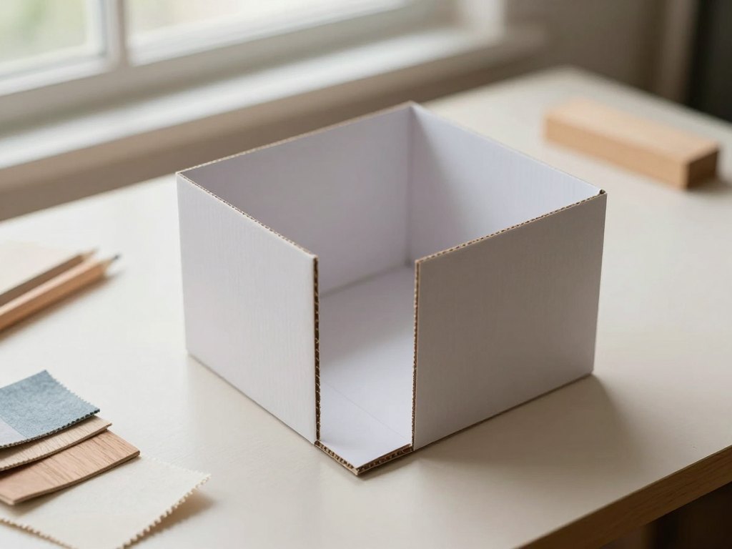 White cardboard scale model of an empty room on a desk with pencil and material swatches