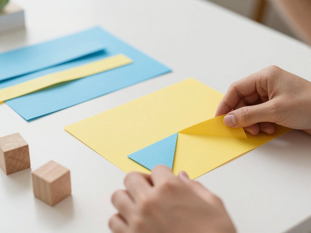 Hands folding coloured paper into equal parts next to paper strips and wooden cubes