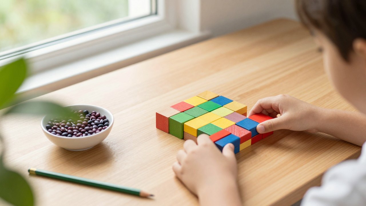 Child's hands arranging wooden blocks into equal groups on a desk beside pencils and a bowl of beans