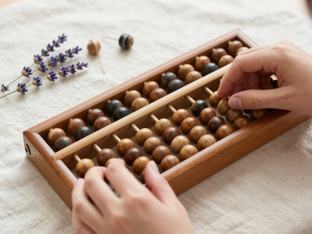 Two hands sliding beads on an abacus resting on a linen cloth