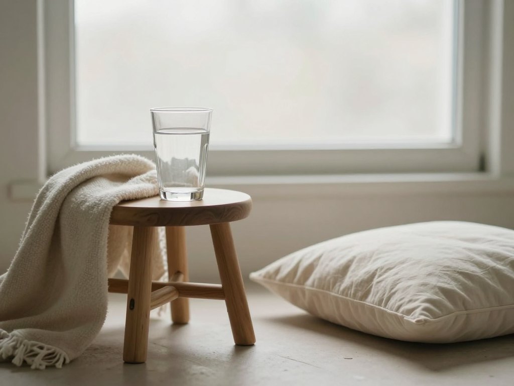 Quiet corner with a glass of water, folded blanket and cushion in soft morning light