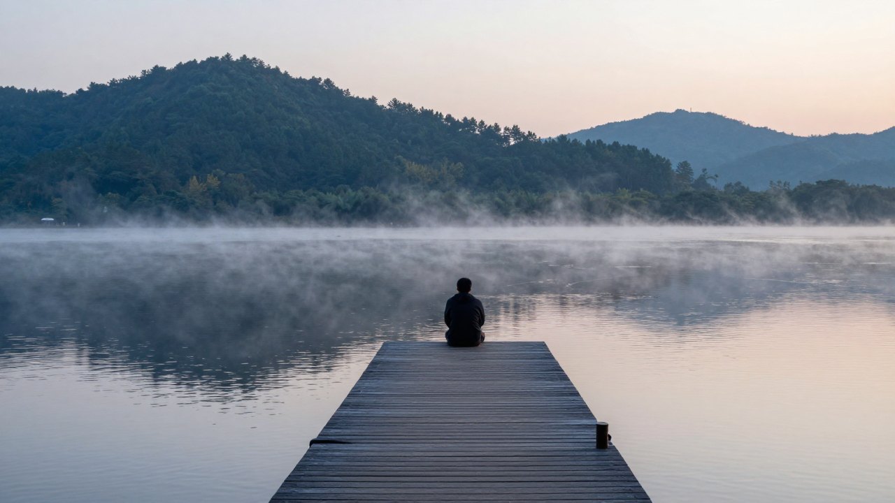 Person seen from behind sitting on a jetty over a misty lake at dawn