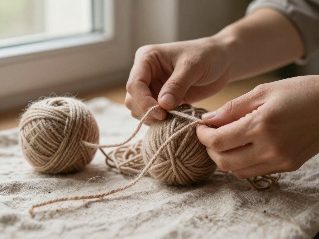 Hands slowly untangling a knot of wool yarn on a linen cloth