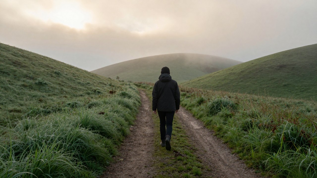 Person seen from behind walking on a path through misty green hills at dawn