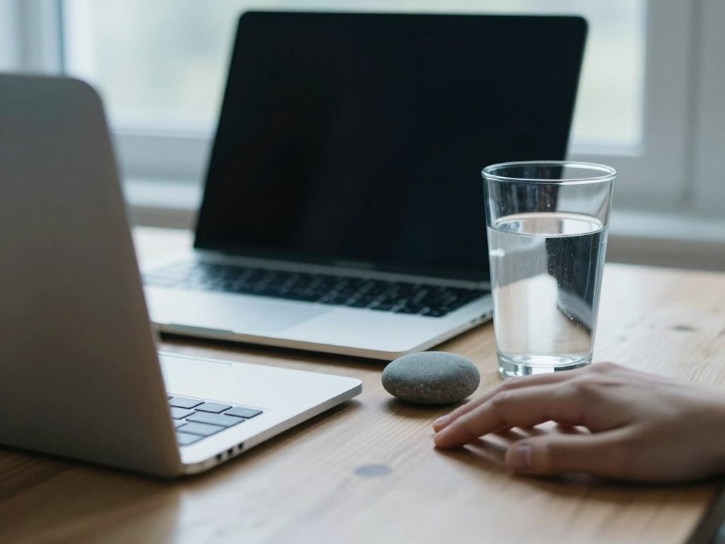 A hand resting on a desk beside a pebble, water glass and closed laptop