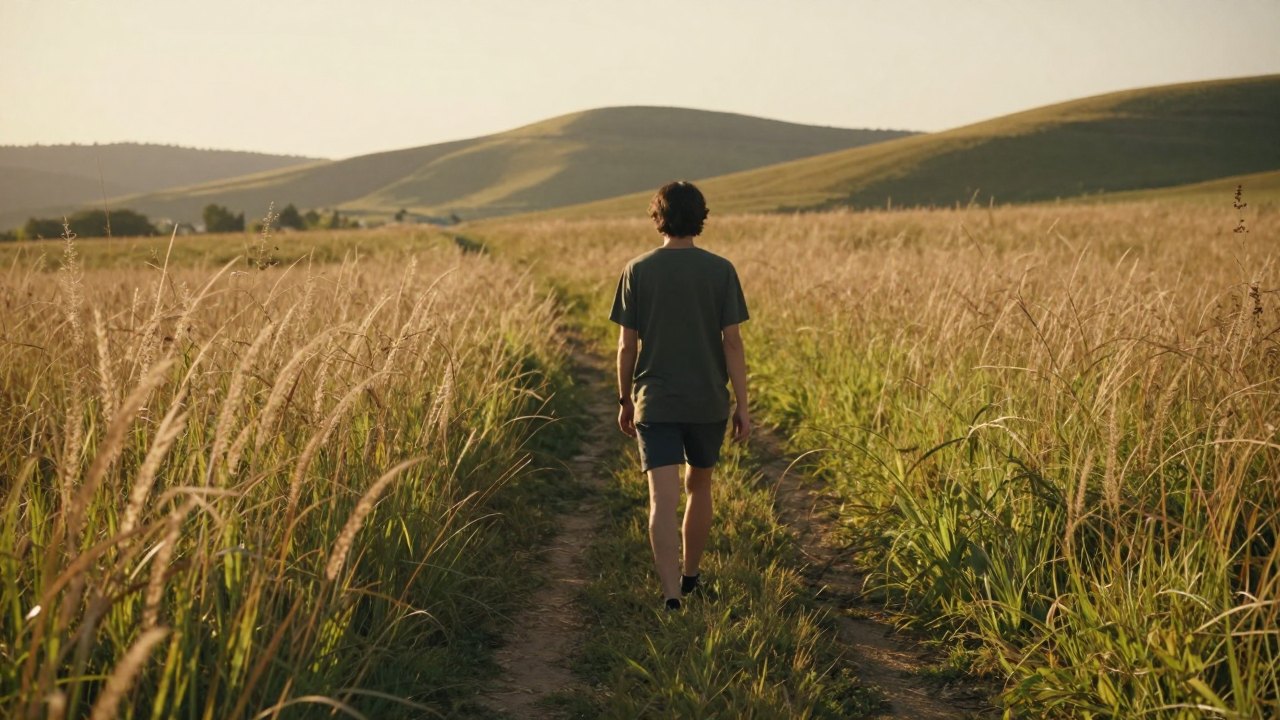 Distant figure from behind walking along a path through a golden meadow at sunset