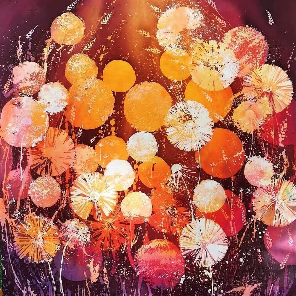 Abstract painting with warm orange and red circular floral shapes