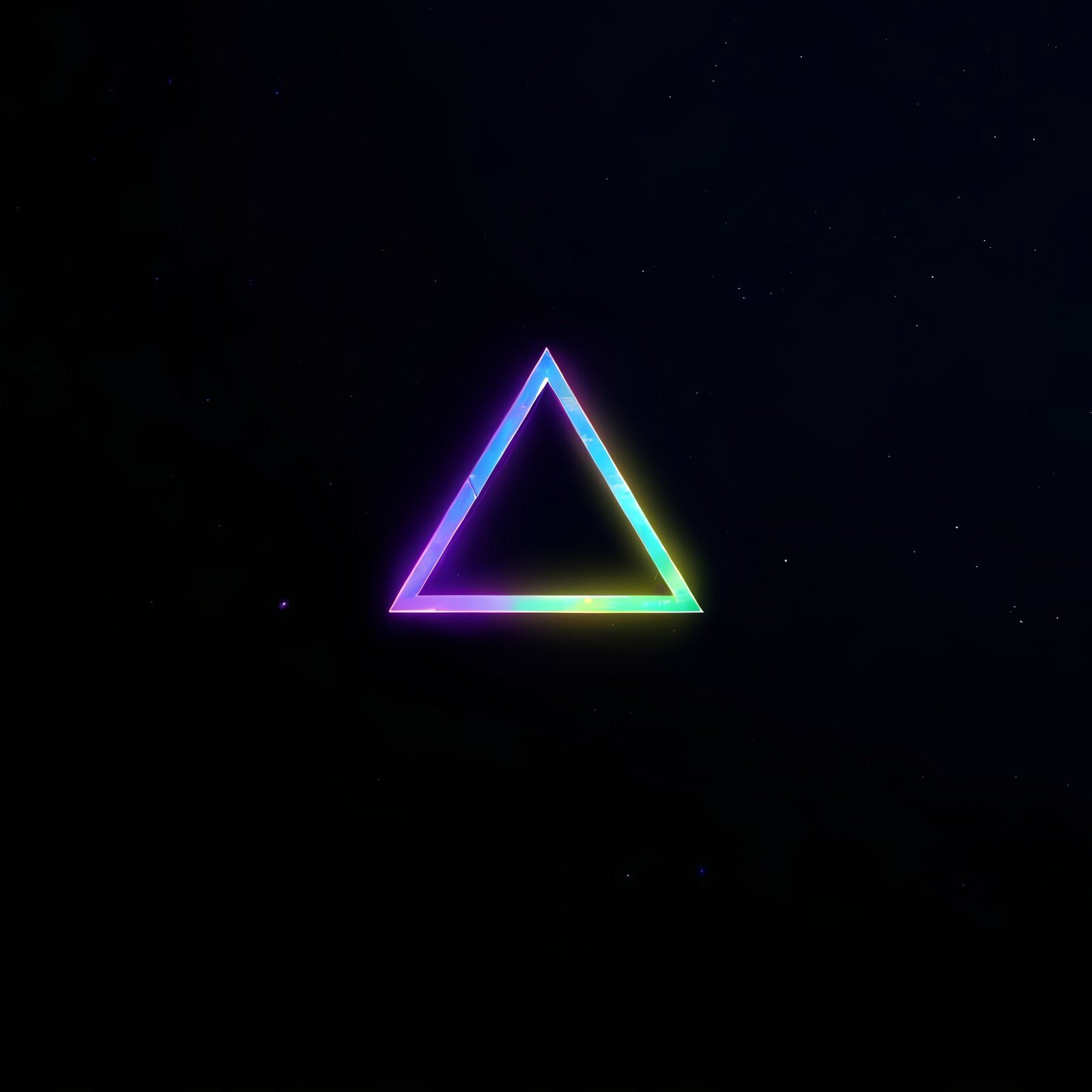 Glowing neon rainbow triangle on a dark starry background