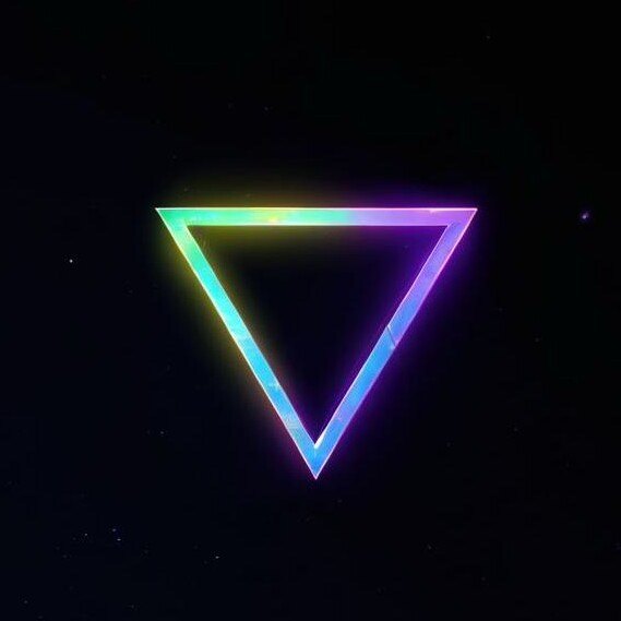 Inverted glowing neon rainbow triangle on a dark starry background