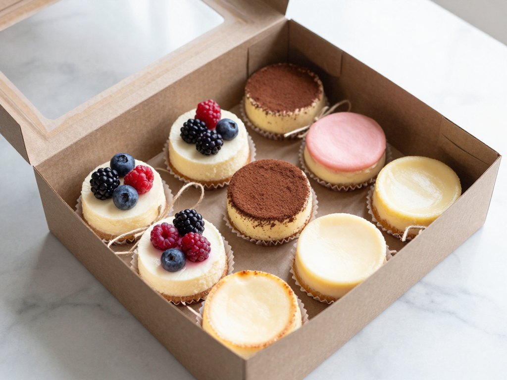 Gift box of assorted mini cheesecakes in paper liners on a marble counter