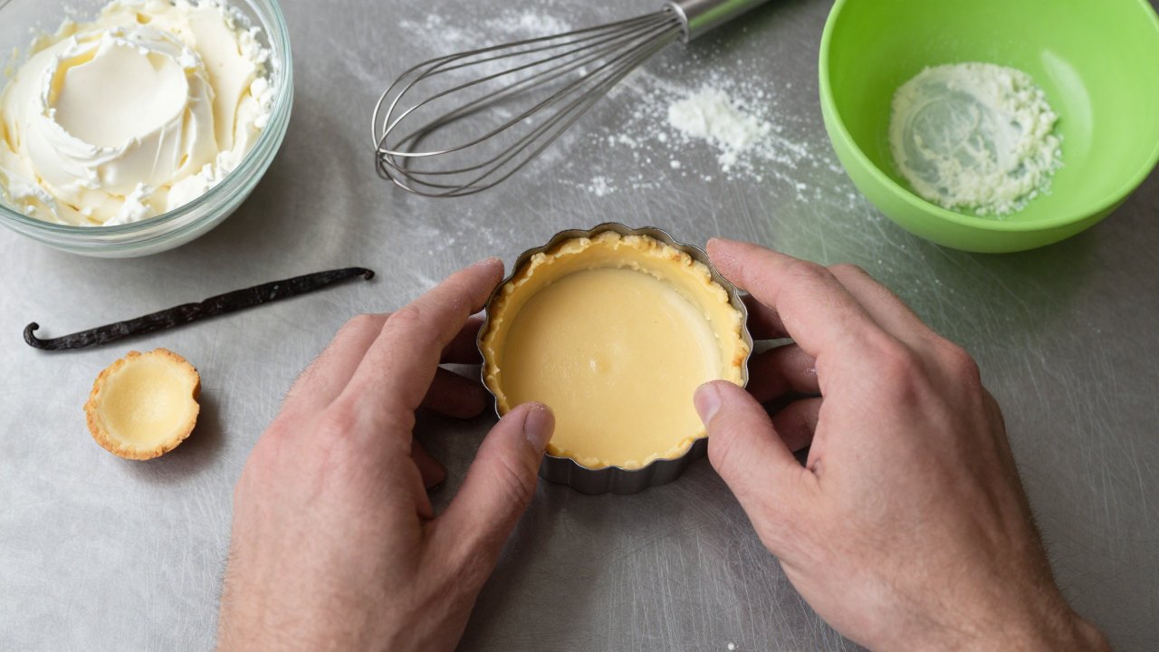 Hands pressing biscuit crumb into a small mould beside a bowl of cream cheese