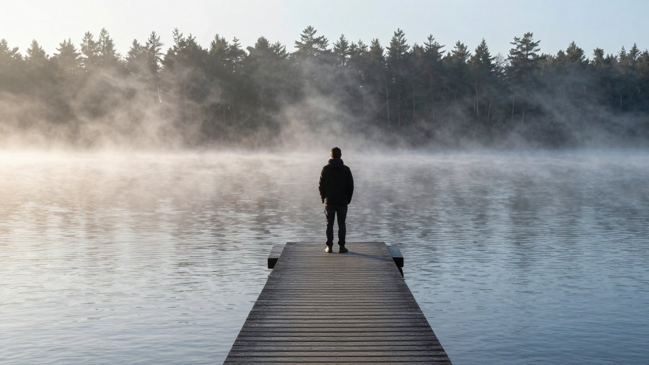 Person seen from behind on a wooden jetty over a misty lake at dawn