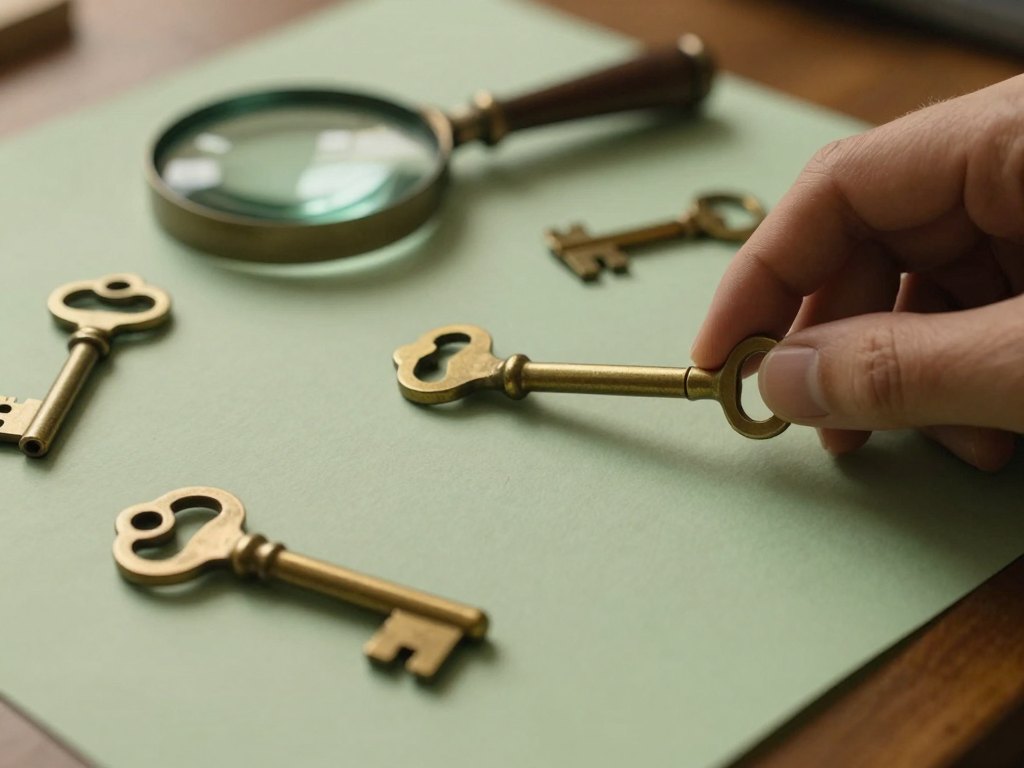 Hand arranging assorted brass keys on plain paper beside a magnifying loupe