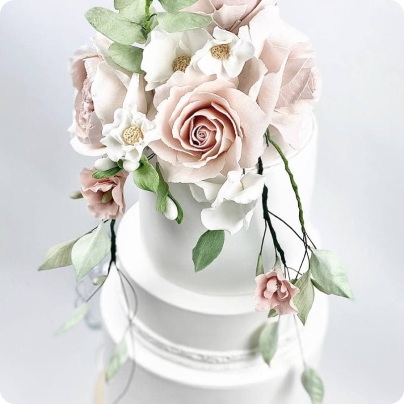 White tiered cake topped with pale pink sugar roses, white flowers and green leaves